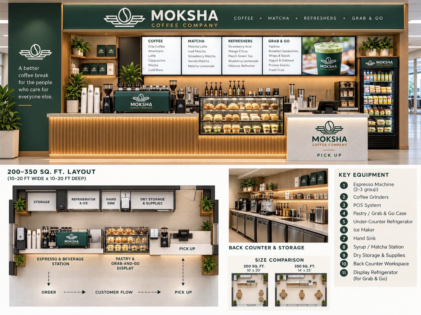 Concept rendering of a compact Moksha café: storefront with espresso bar and grab-and-go case, a 200–350 sq ft floor plan with customer flow, the back counter, and the key equipment list