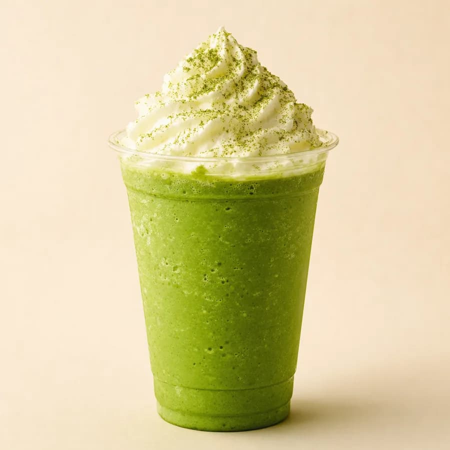 A blended matcha frappé with whipped cream
