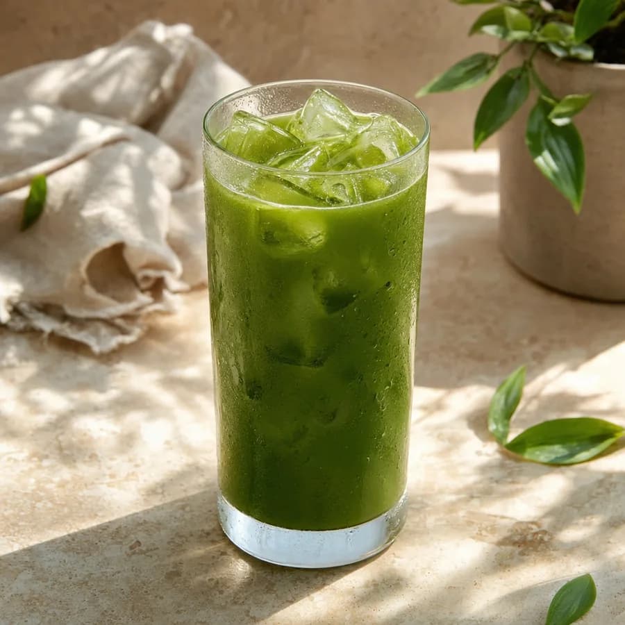 A tall glass of iced matcha