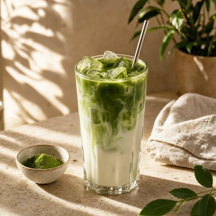 An iced matcha latte swirling into milk