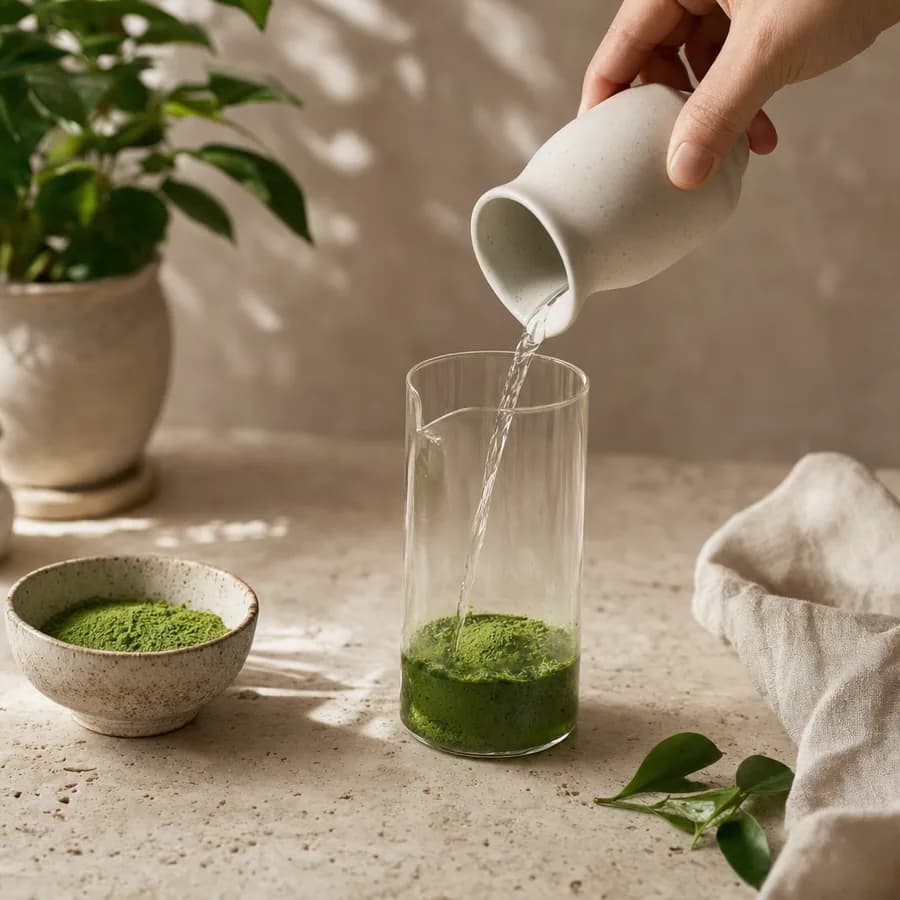 Warm water pouring into a glass with matcha powder