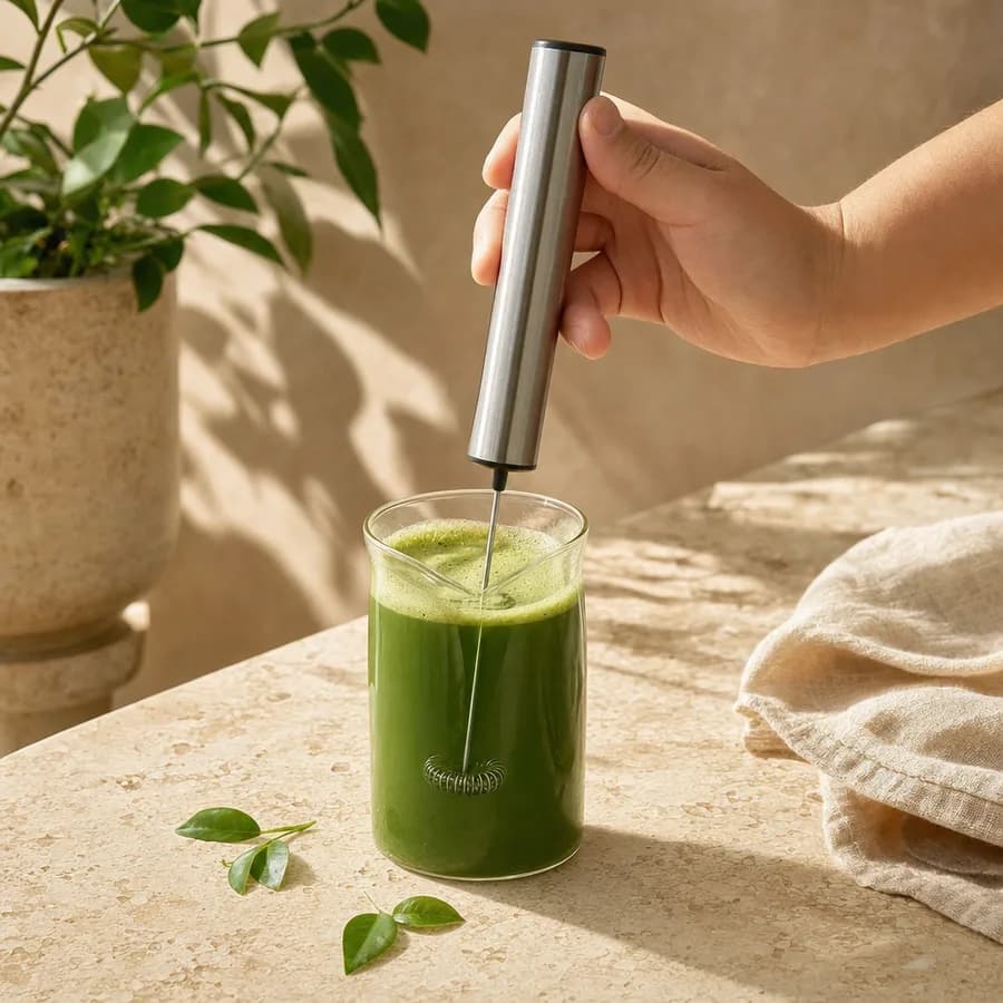 A handheld frother blending matcha in a small glass