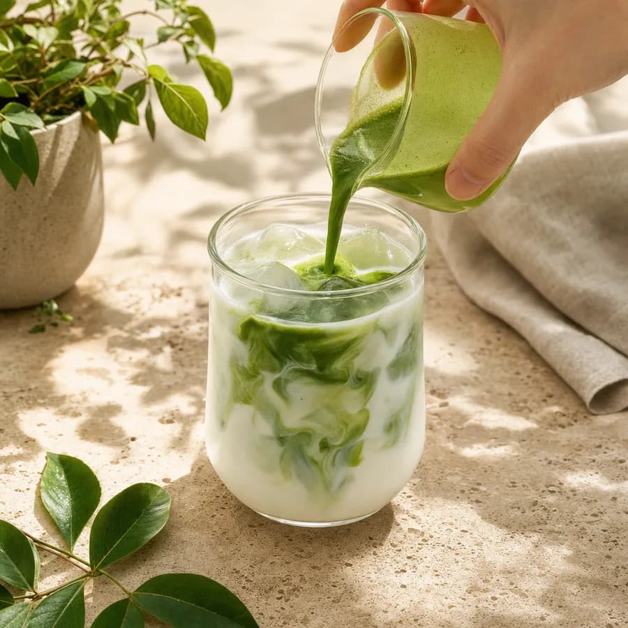 Matcha pouring over milk and ice