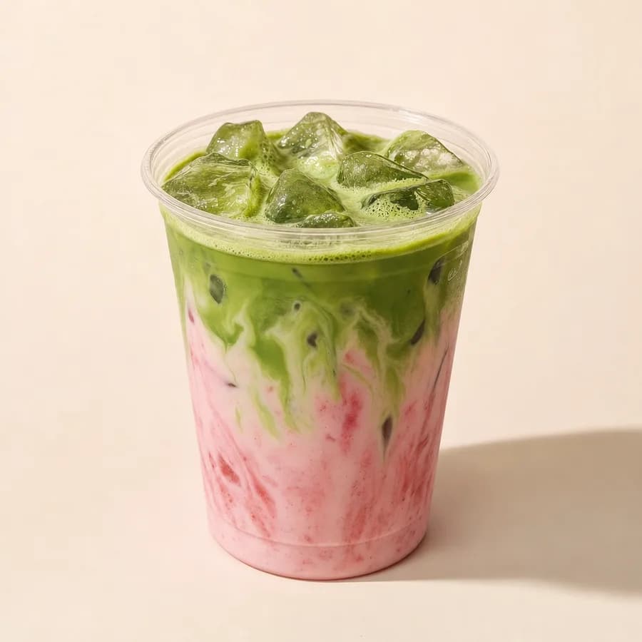 An iced strawberry matcha latte