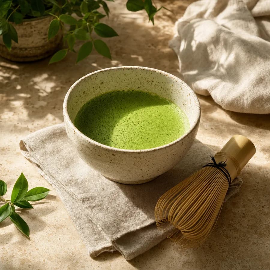 A stoneware bowl of frothy whisked matcha with a bamboo whisk