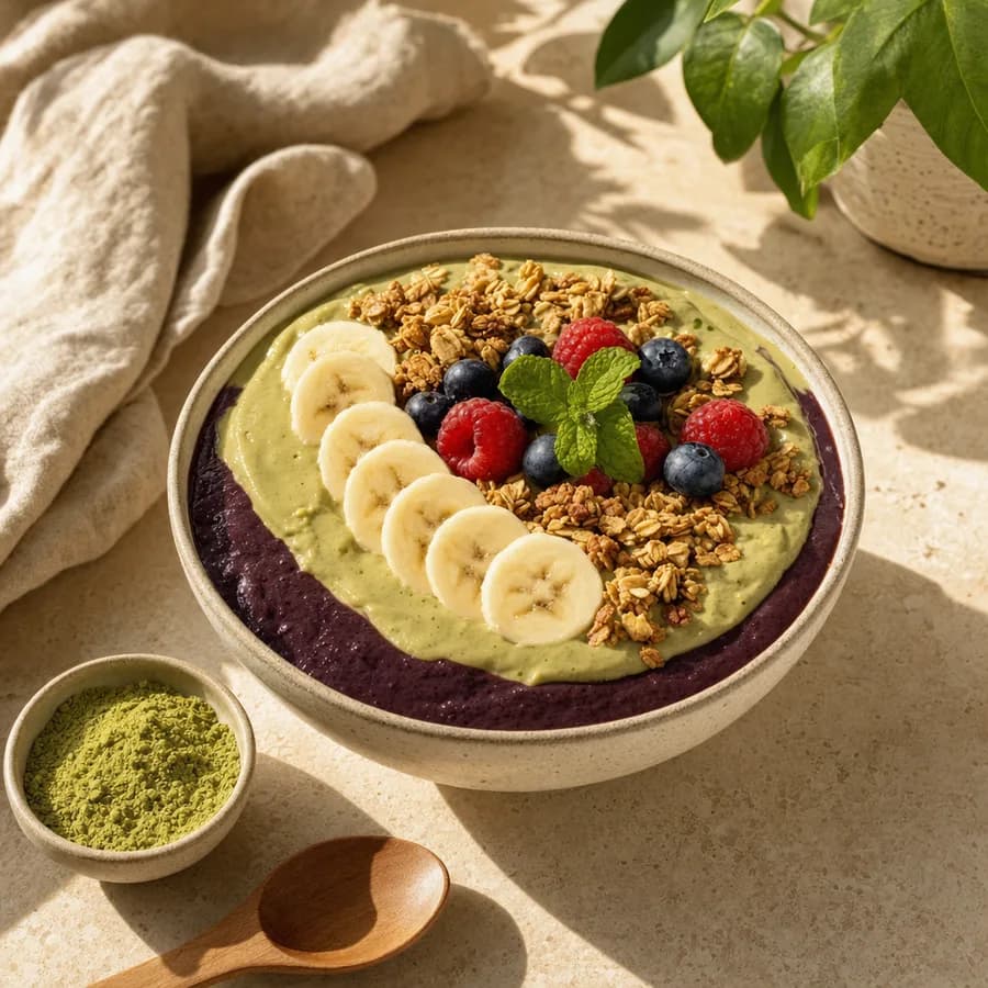 An açaí bowl with a matcha yogurt layer, granola and berries