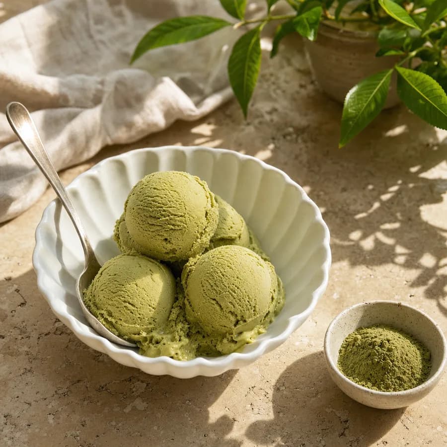 Scoops of matcha ice cream in a bowl