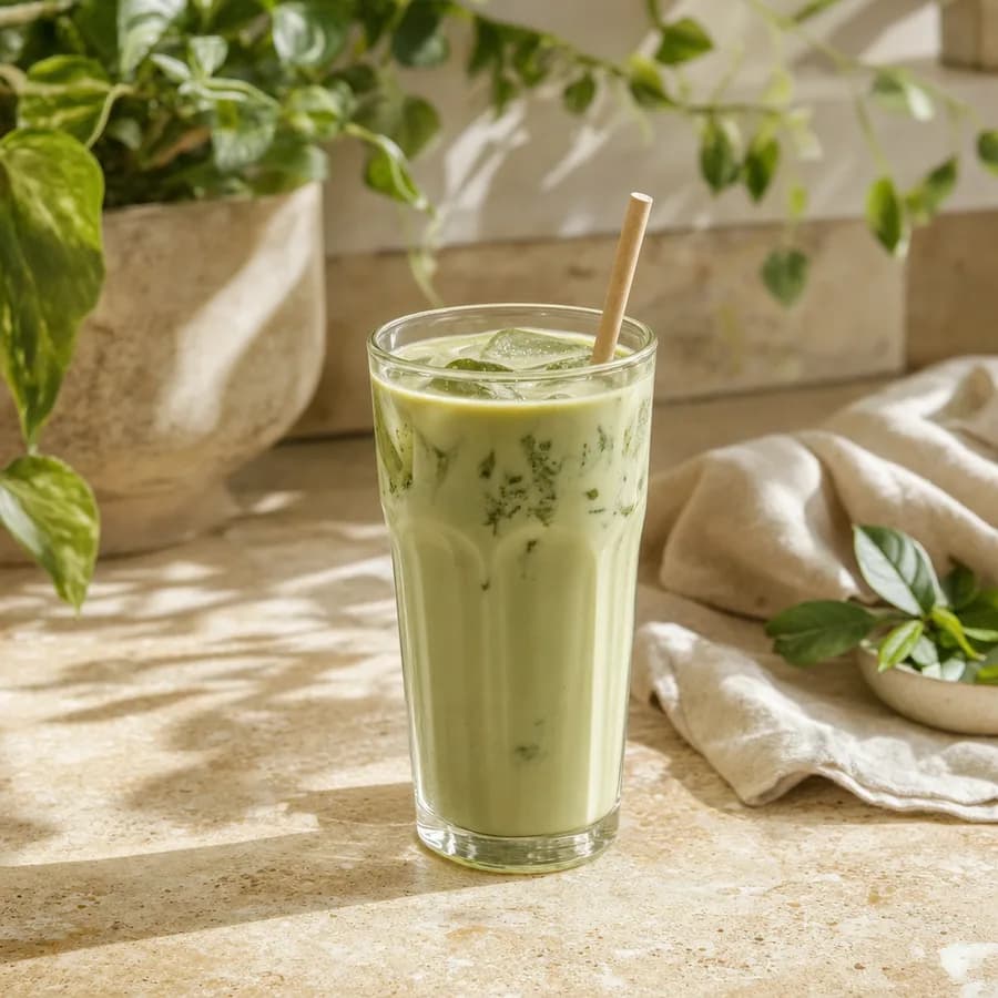 An iced matcha latte on a kitchen counter