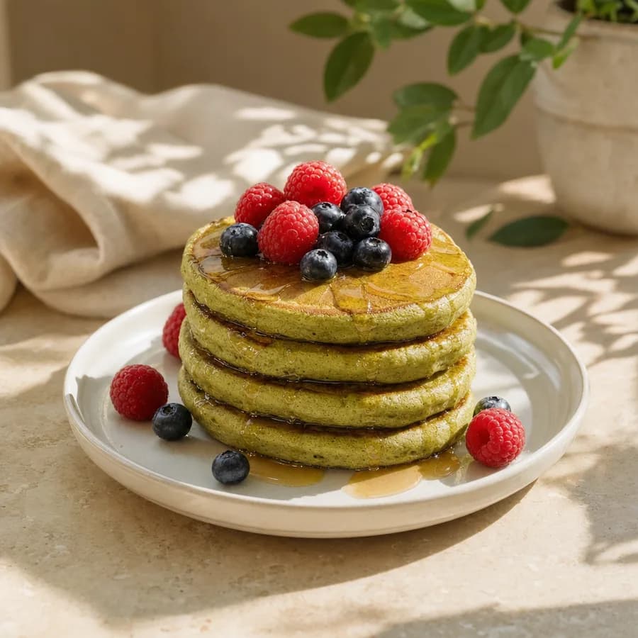 A stack of matcha pancakes with berries and honey