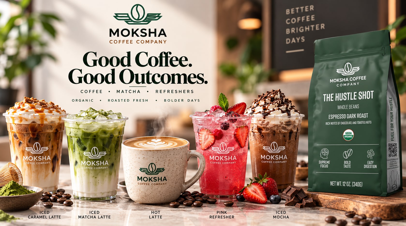 Moksha promotional board: iced caramel latte, iced matcha latte, hot latte, pink refresher and iced mocha beside a bag of The Hustle Shot espresso dark roast