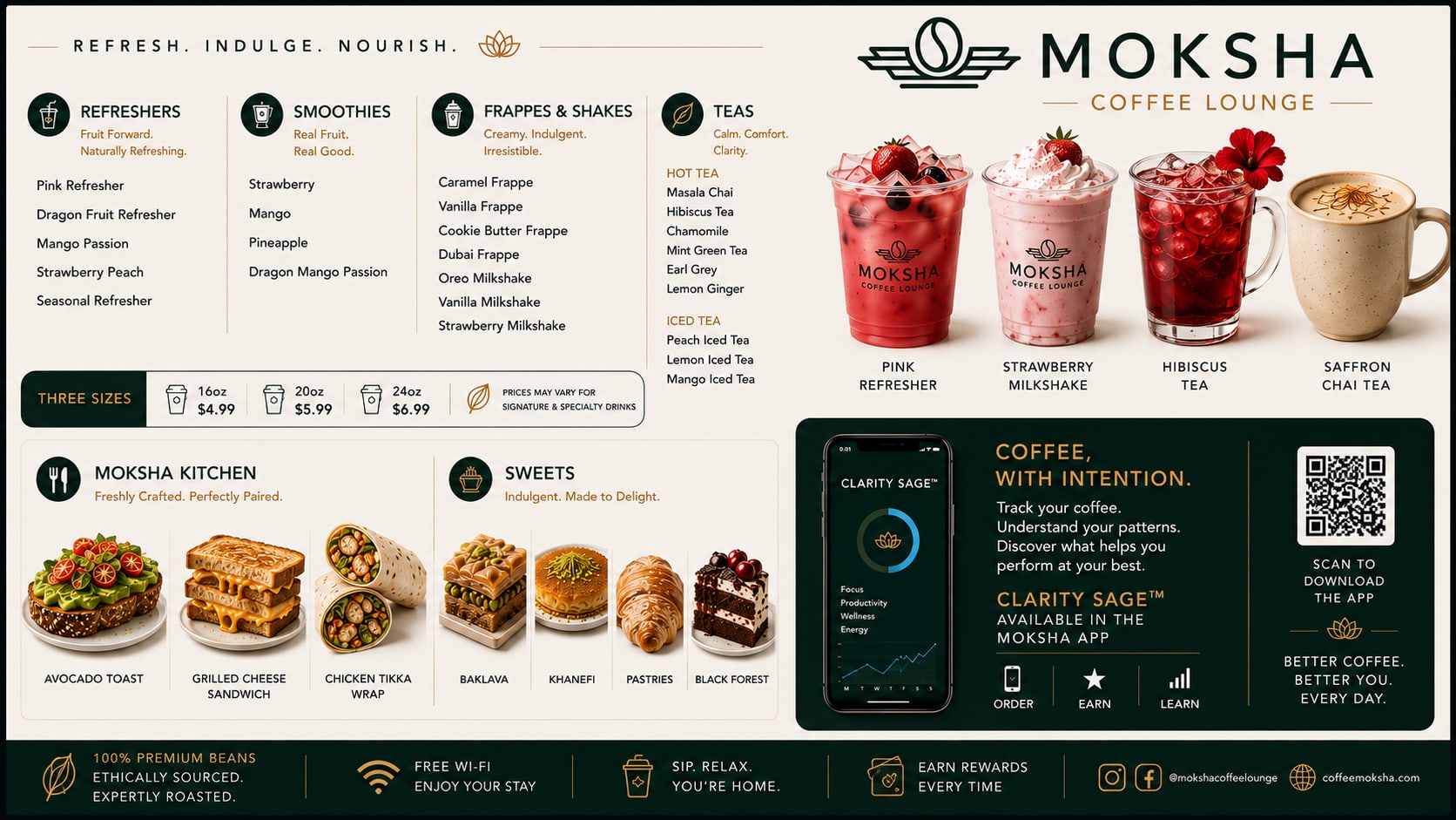 Moksha Coffee Lounge menu board: refreshers, smoothies, frappes and shakes, hot and iced teas, plus the Moksha Kitchen food and sweets menu